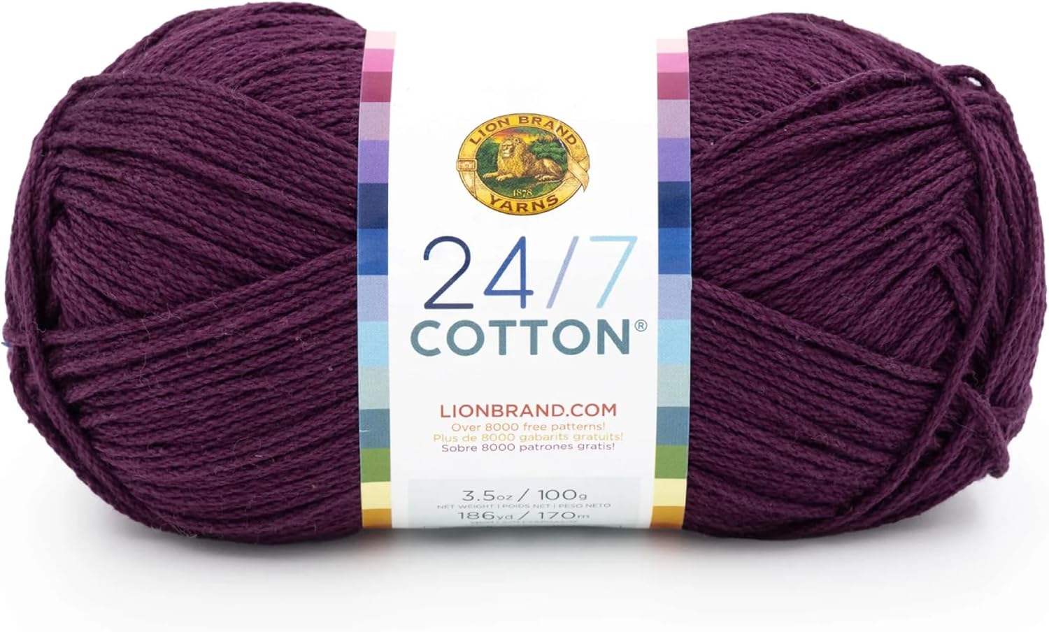 Lion Brand Yarn. 24/7 Cotton Mercerized Lightweight Yarn for Knitting. Crochet. and Crafts. Eggplant. 1 Pack. 185 Yards of Natural Fiber for Breathable Tops. Durable Bags. and Easy-Care Dish Cloths