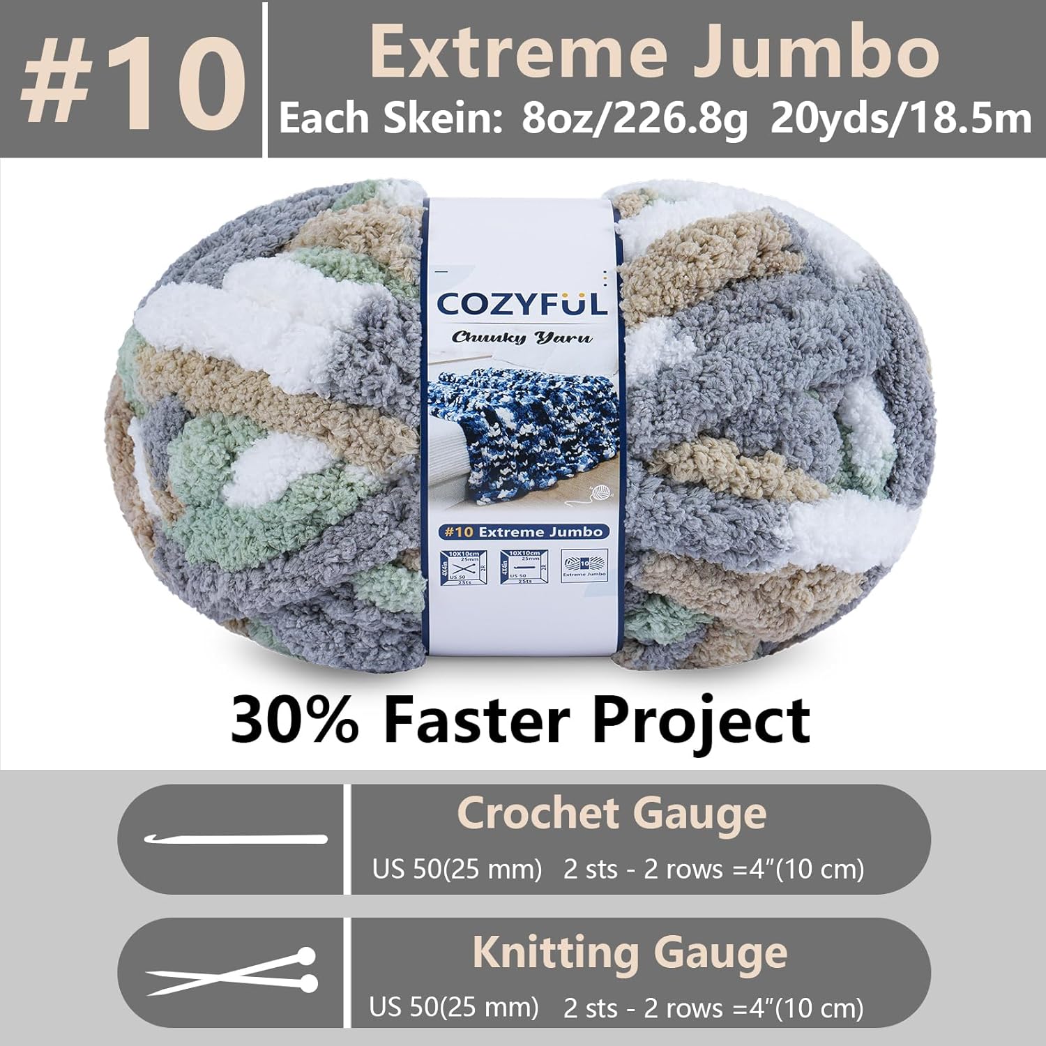 Cozyful Chunky Yarn for Hand Knitting - #10 Chunky Chenille Blanket Yarn. Jumbo Big Thick Chunky Yarns for Crocheting. Tie Dye Bulky Knit Yarns. 8 Skein (20 yds 8 oz Each Skein). Cream&Sage&Grey&Khaki - Image 2