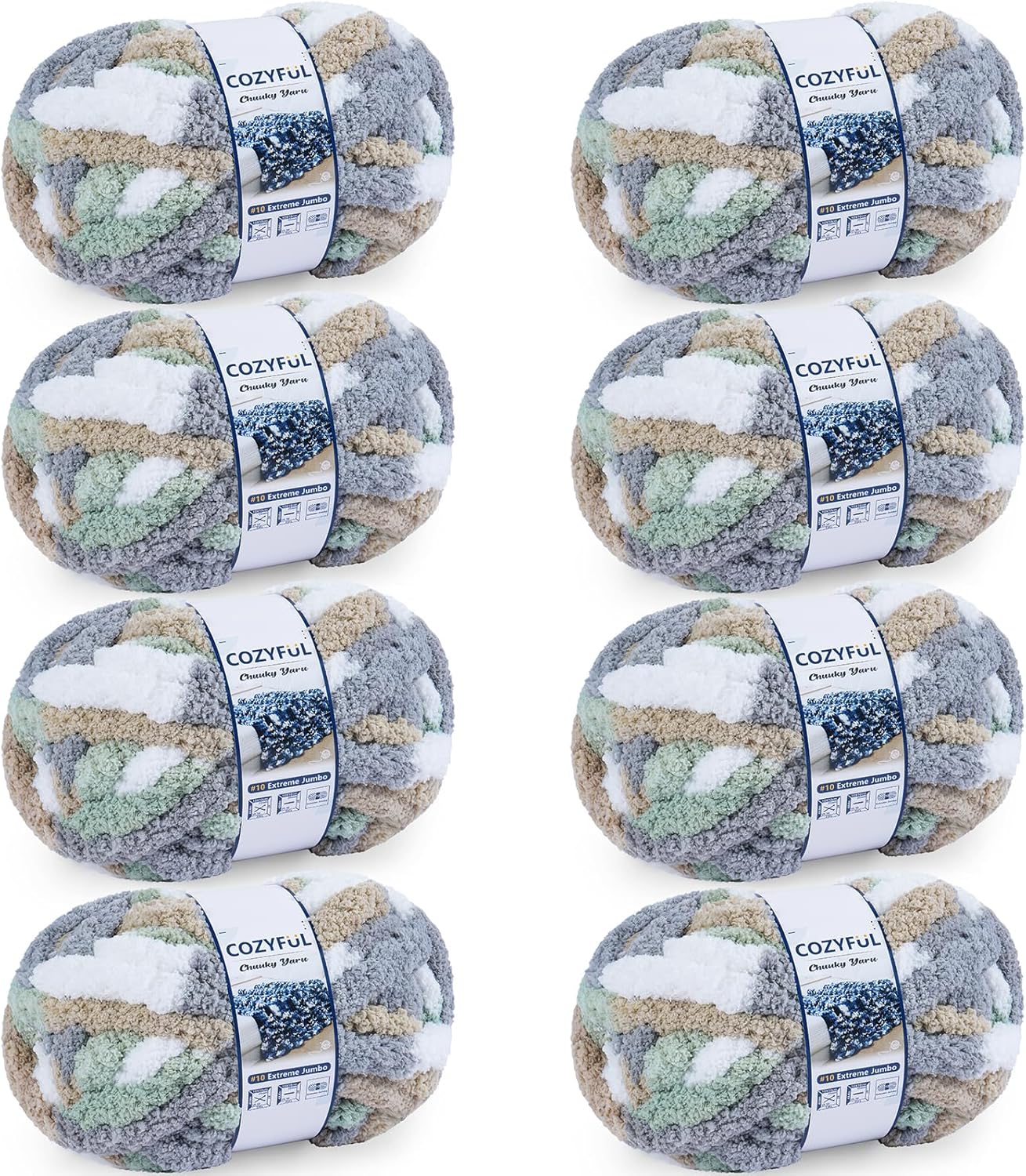 Cozyful Chunky Yarn for Hand Knitting - #10 Chunky Chenille Blanket Yarn. Jumbo Big Thick Chunky Yarns for Crocheting. Tie Dye Bulky Knit Yarns. 8 Skein (20 yds 8 oz Each Skein). Cream&Sage&Grey&Khaki