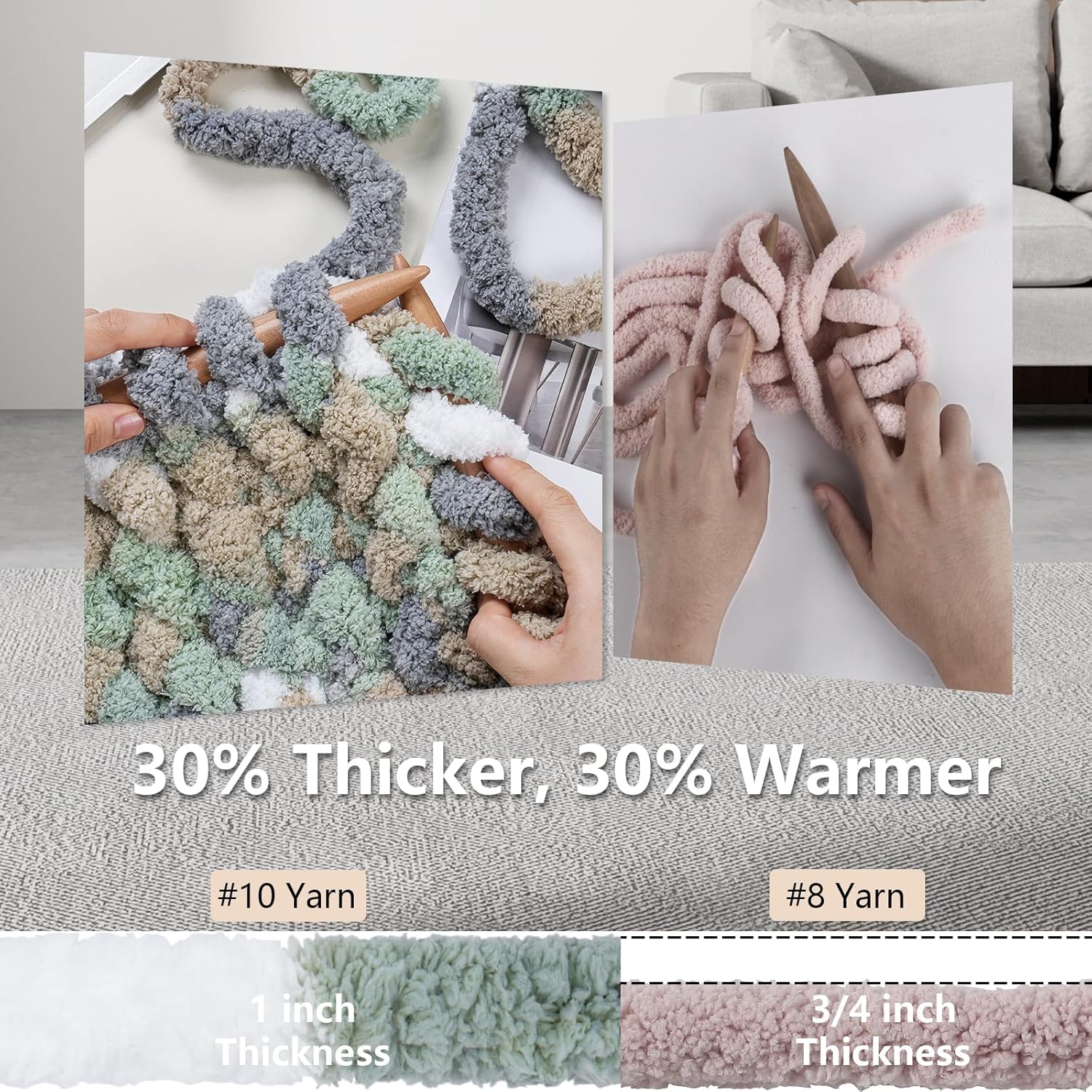 Cozyful Chunky Yarn for Hand Knitting - #10 Chunky Chenille Blanket Yarn. Jumbo Big Thick Chunky Yarns for Crocheting. Tie Dye Bulky Knit Yarns. 8 Skein (20 yds 8 oz Each Skein). Cream&Sage&Grey&Khaki - Image 3