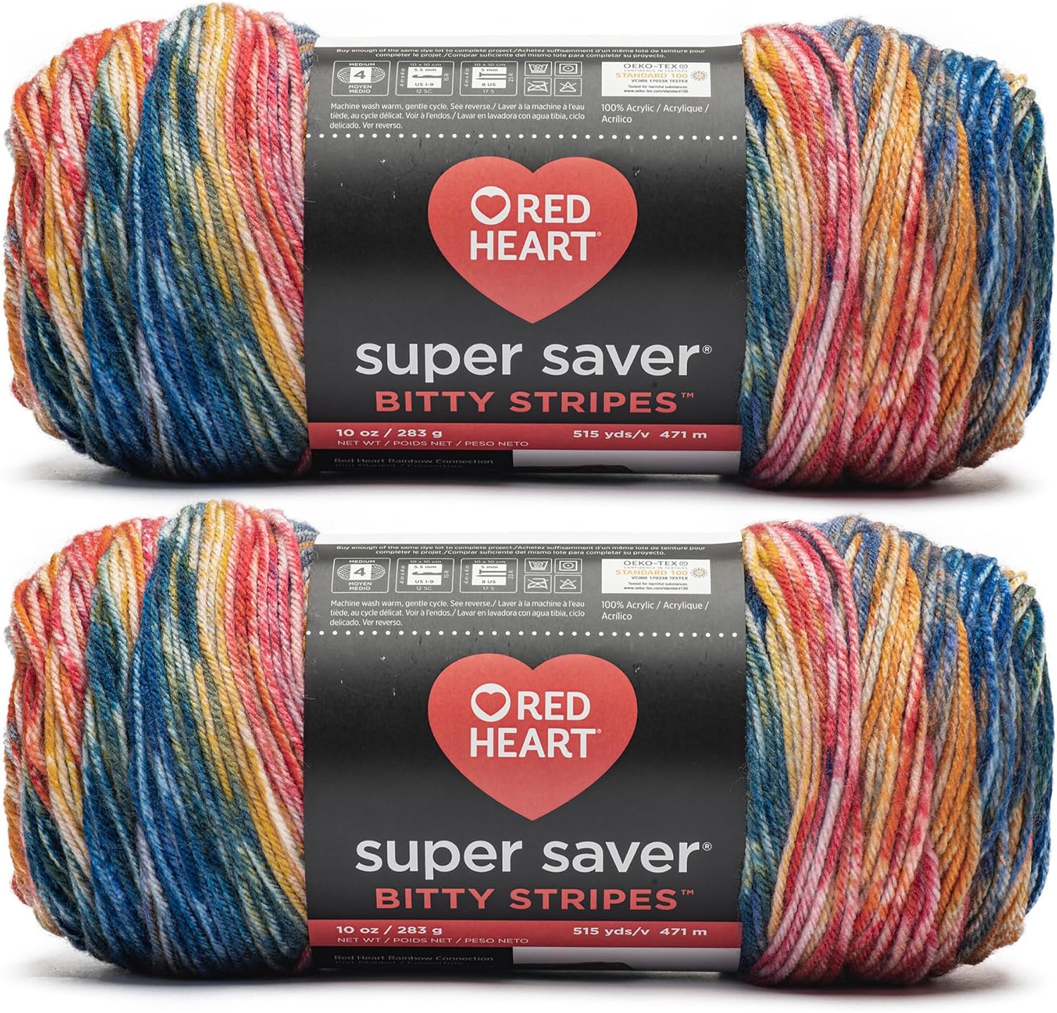 Red Heart Super Saver Bitty Stripes Sunset Beach Yarn - 2 Pack of 10oz/283g - 100% Acrylic - #4 Worsted (Medium) - 515 Yards - Knitting/Crochet
